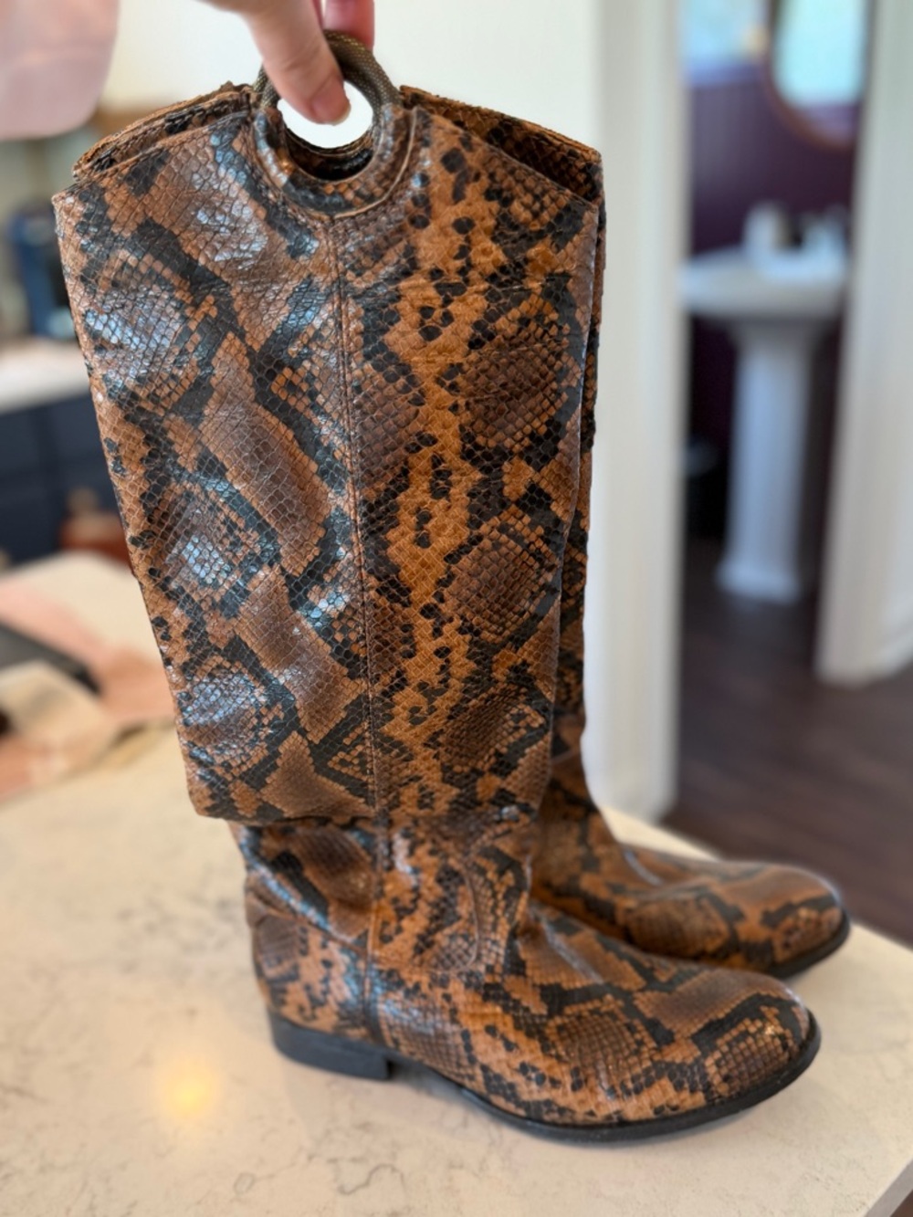 Frye Melissa Harness Pull On Tall- Brown Snakeskin Pattern Knee-High Boots